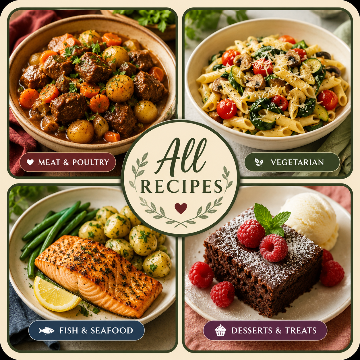 Four recipe categories: meat, vegetarian, fish and desserts