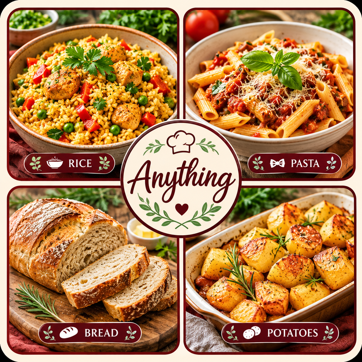 Rice, pasta, bread and potatoes