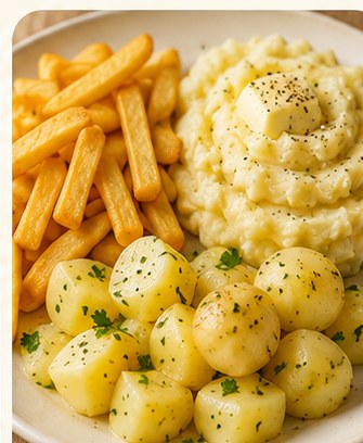 Chips, mashed potato and boiled potatoes